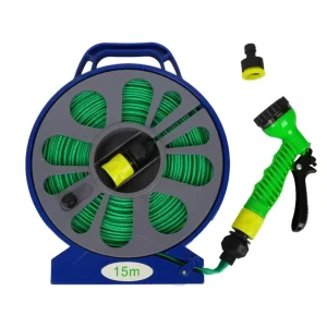 15M ABS Retractable Flat Hose Reel Lightweight Portable with 7 Function Spray Nozzle for Watering Cleaning Car Washing