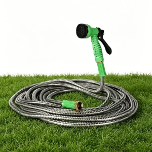15m Multi-functional Stainless Steel Garden Hose Set with 7-function Plastic Water Gun
