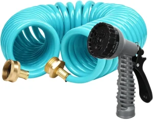 25 FT 3/8 Lightweight Coiled Garden Hose EVA Flexible 7 Function Nozzles Brass Connectors Watering Plants Greenhouses