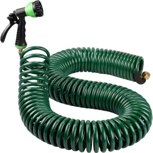 25FT Heavy Duty EVA Coil Garden Hose with 7-Function Spray Nozzle Brass Connectors for Garden Watering Cars Washing