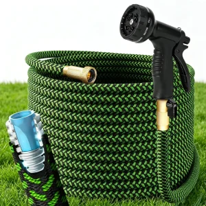 50FT Metal Garden Hose Set Stainless Steel Lawn Irrigation Water Hose with Polyester Jacket & 10 Function Sprayer