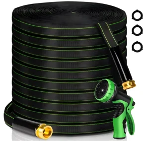 50ft High Pressure Non Expanding Flat Garden Hose with 10-Way Spray Nozzle 3/4″ Brass Fittings Garden Hose OEM