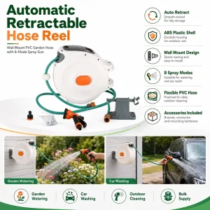Automatic Shrink PVC Garden Watering Hose Reel Wall Mount ABS Plastic Shell Garden Water and Car Wash Reel with 8Modes Spray Gun