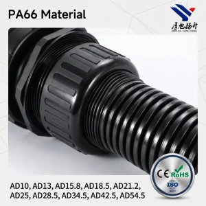 Black PA66 Plastic Corrugated Hose With Threaded Connection Thickened Flexible Cable Sheath And Opened Wire Black Plastic Pipe
