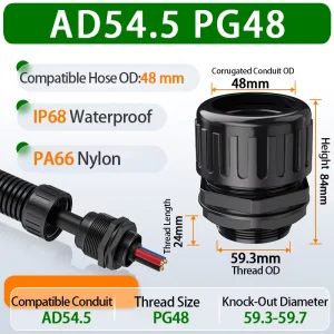 CE ROHS Certified Nylon IP68 Waterproof Corrugated Pipe Joint AD54.5 PG48 Cable Joint For Cable Protection