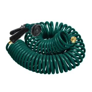 Coil Hose 50FT EVA Coil Garden Hose with 3/4” Brass Connector 7 Patterns Spray Nozzle
