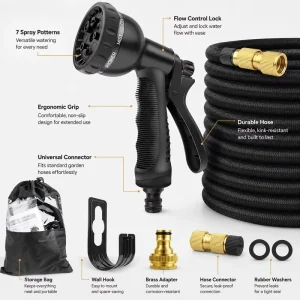 Expandable 25FT To 200FT Garden Hose 2 Layer Natural Latex Metal & Plastic Sprayer Reel