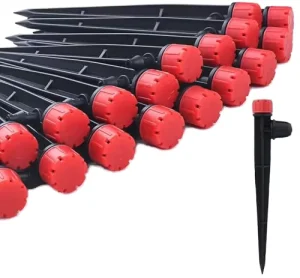 GREAT IRRIGATION Plastic Drip Irrigation Emitters 360 Degree Adjustable Flow 1 4 Inch Tubing Red Color 13 Locks 8 Holes Design