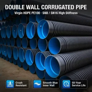 HDPE Double Wall Corrugated Pipe DN300 DN1200 SN8 SN16 Smooth Inner Wall For Underground Stormwater Drainage Culvert