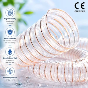 Industrial Transparent PU Hose with Copper Plated Steel Spiral Durable Flexible Tube for Woodworking and Factory Use