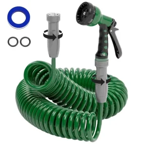 Plastic Coil Hose 50FT EVA Durable Lightweight No Kink Garden 6 Pattern Spray Nozzle Lawn Watering Car Washing Brass Connectors